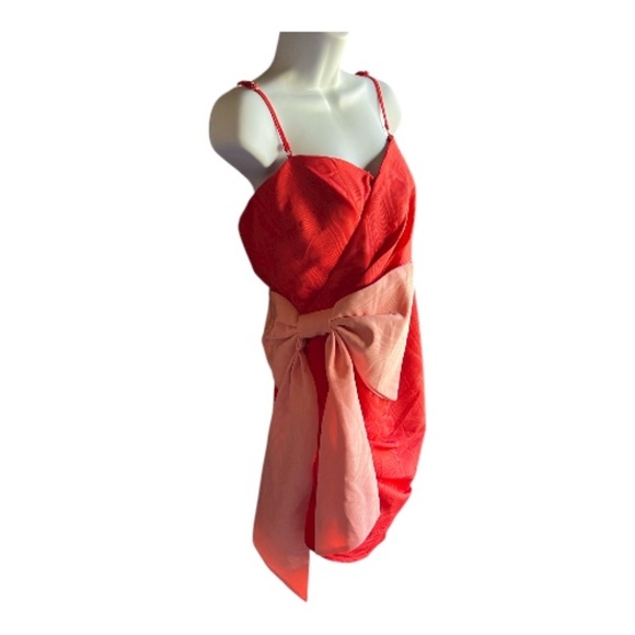Future Collective Red Shantung  Spaghetti Strap Statement Pink Bow Mini Dress - Picture 9 of 11